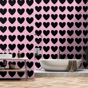 Customisable Hearts Pattern, Black on Pastel Pink Wallpaper