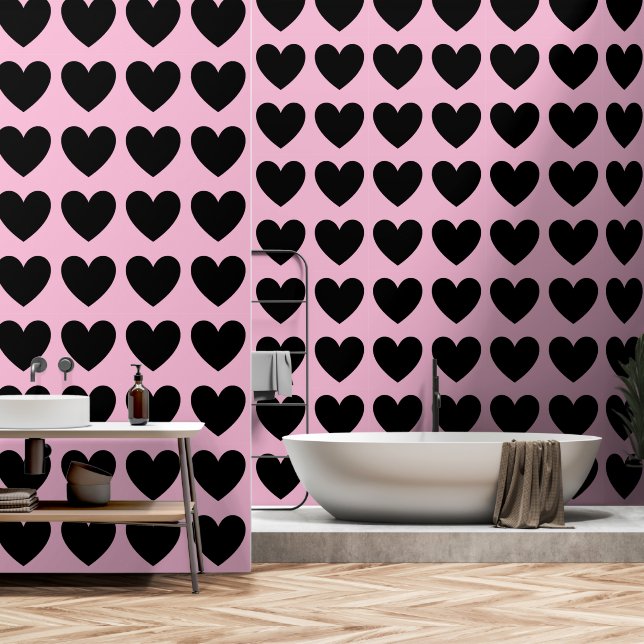 Customisable Hearts Pattern, Black on Pastel Pink  Wallpaper (Bathroom)
