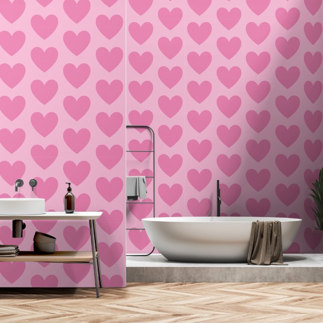 Customisable Hearts Pattern, Pink on Pastel Pink  Wallpaper (Bathroom)