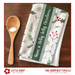 Customisable Holly Jolly Christmas Vintage French  Tea Towel<br><div class="desc">Ring in the holiday season with this customisable kitchen tea towel that features a charming red and green holly pattern accented with snowflakes and stars. Simple vintage-style French stripes with customisable text that says, “Have a Holly Jolly Christmas, ” add a touch of charm, making it a perfect addition to...</div>