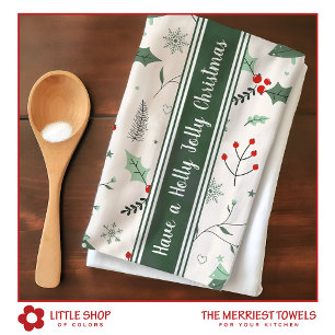 Customisable Holly Jolly Christmas Vintage French  Tea Towel