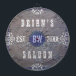 Customisable Home Bar Beer Saloon<br><div class="desc">Create your own country western style (rustic American wild west) home bar dart board using this easy, diy template. Made to look like old wood with plenty of vintage flourishes in shades of white, grey and blue, this dart board can be personalised with your own name, initials / monogram and...</div>