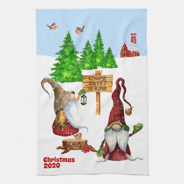 Customisable Home Sweet Home Gnome Winter Scene Tea Towel (Vertical)