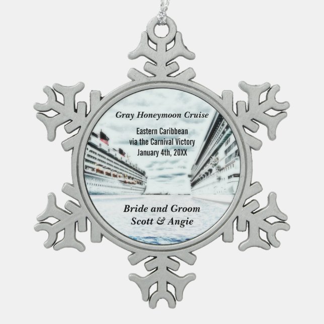 Customisable Honeymoon Cruise Ship Snowflake Pewter Christmas Ornament (Front)