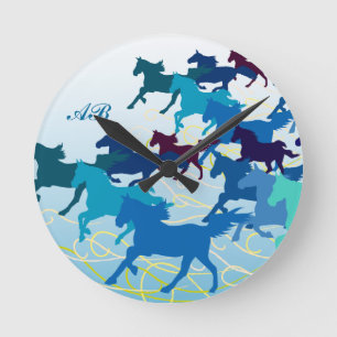 Customisable: Horses run free - blue Round Clock