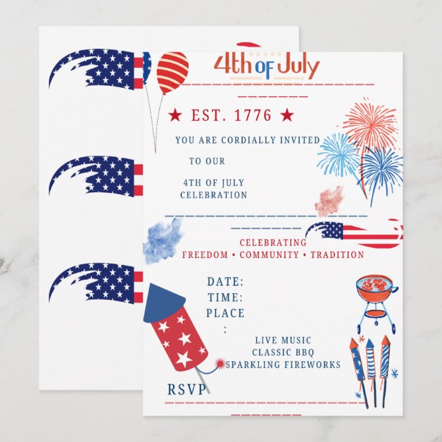 Customisable Independence Day Invite – Red, White  (Front/Back)
