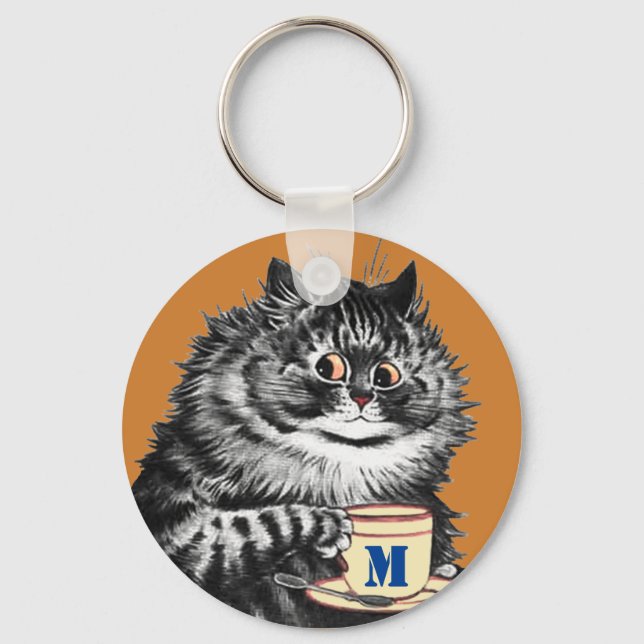Customisable Initial, Coffee Lover Cat, Louis Wain Key Ring (Front)