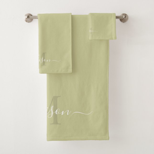 Customisable Initial & Name Dull Olive Green Bath Towel Set (Insitu)