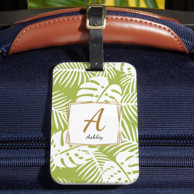 Customisable Initials Green leaves Luggage Tag (Front Insitu 2)