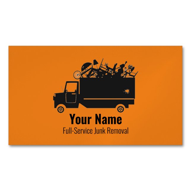 Customisable junk waste removal company orange magnetic business card (Front)