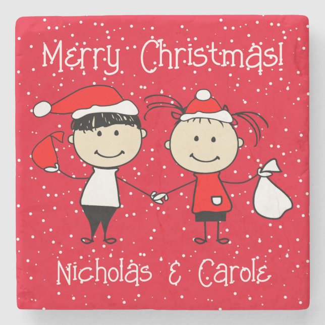 Customisable Kids and Adult Couples Christmas Stone Coaster (Front)