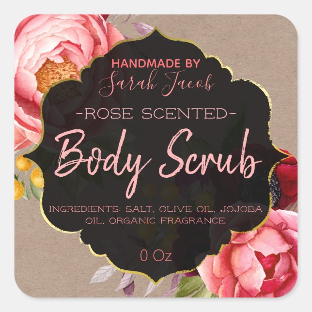 Customisable Kraft Floral Body Scrub Label (Front)