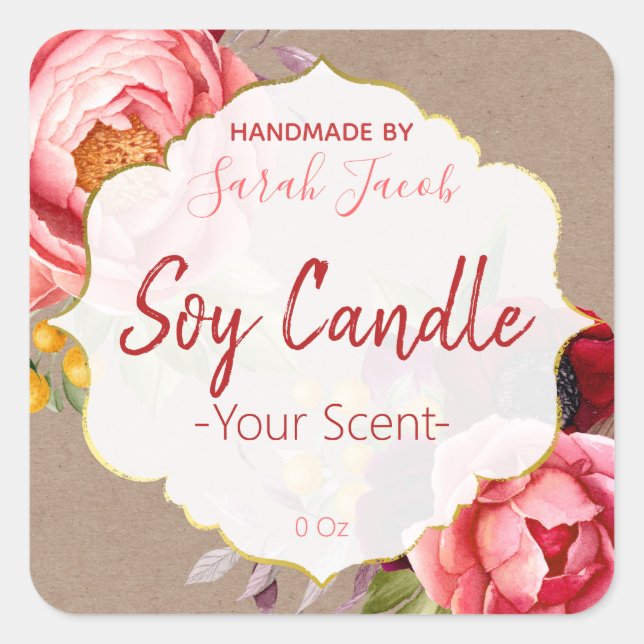 Customisable Kraft Floral Soy Candle Label (Front)
