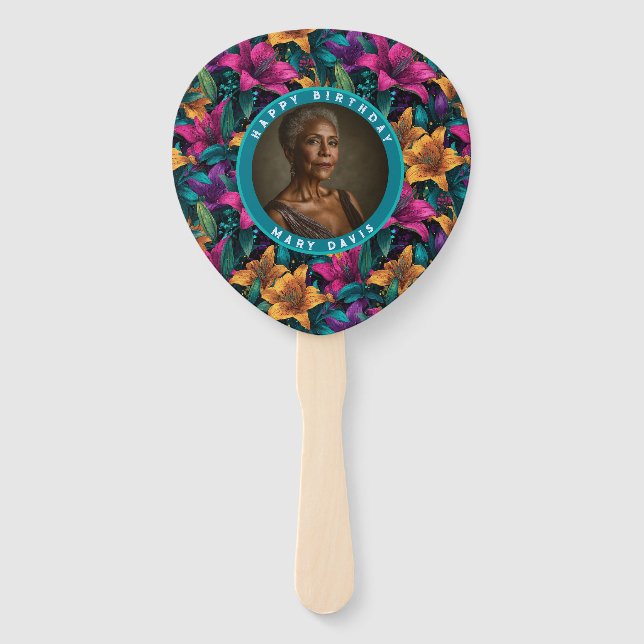 Customisable Lilies Charm Birthday Present Hand Fan (Front)