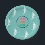 Customisable Logo Photo Skiers Skiing Ski Teal  Paper Plate<br><div class="desc">Cool winter-themed skier pattern design, customised with your logo or image. Alpine skiers skiing in vintage retro ski suits. Wonderful winter sport fun gift for a skier in your circle of friends, co-workers, or family. Whimsical skiers artwork illustration design. Skiers skiing ski home decor, Ski team, ski coach gift. Skiers...</div>