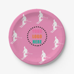 Customisable Logo Skiers Skiing Ski Pink White Paper Plate