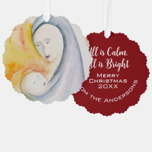 Customisable Madonna and Child Watercolor Tree Decoration Card