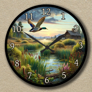 Customisable Mallard Flying Over a Tranquil Lake Round Clock