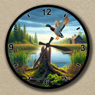 Customisable Mallard Flying Over a Tranquil Lake Round Clock