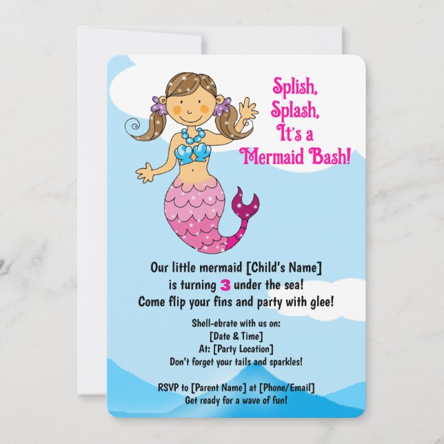 Customisable Mermaid Birthday Design Brown Hair   Invitation (Front)
