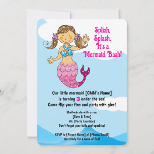Customisable Mermaid Birthday Design Brown Hair Invitation