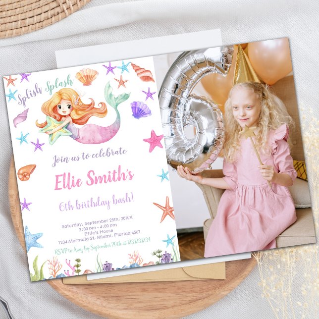 Customisable Mermaid Birthday Invitations for Kids (Pink Under the sea Mermaid Cards with photo)