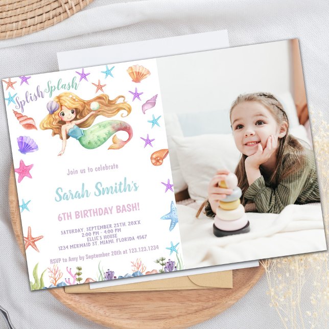 Customisable Mermaid Birthday Invitations for Kids (Under the sea Mermaid Cards with photo)