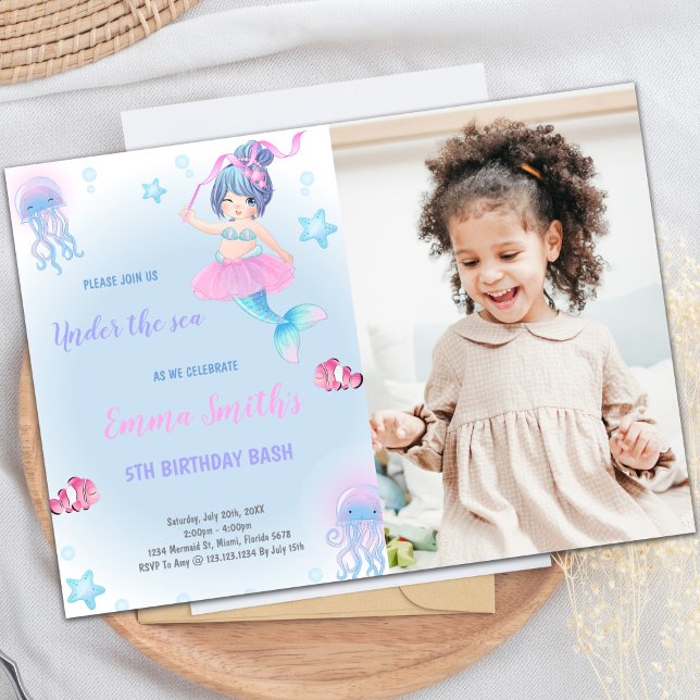 Customisable Mermaid Party Invitation for Kids (Green Cloud Mermaid Birthday Invitations w photo)