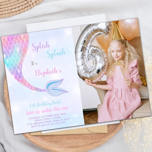 Customisable Mermaid Party Invitations for Kids (Splash Splish Mermaid Birthday Invitations w photo)