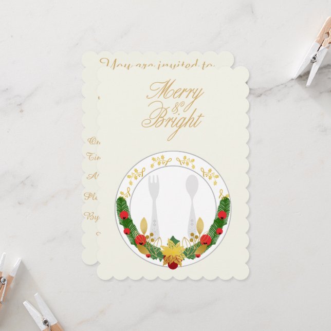 Customisable Merry & Bright Christmas Dinner Invitation (Front/Back In Situ)