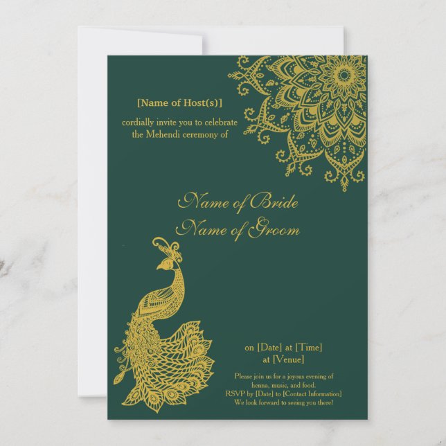 Customisable Metallic Gold Emerald Mehendi Indian Invitation (Front)