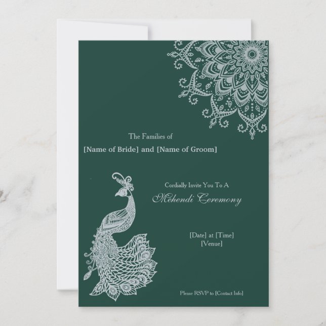 Customisable Metallic Silver Emerald Mehndi Indian Invitation (Front)