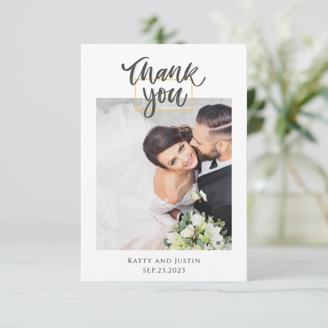 Customisable Minimalist Script Heart Wedding Photo Thank You Card (Standing Front)