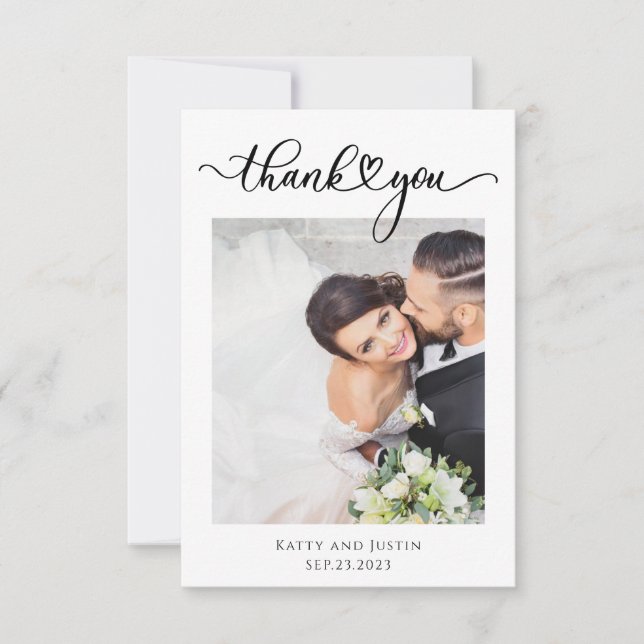 Customisable Minimalist Script Heart Wedding Photo Thank You Card (Front)