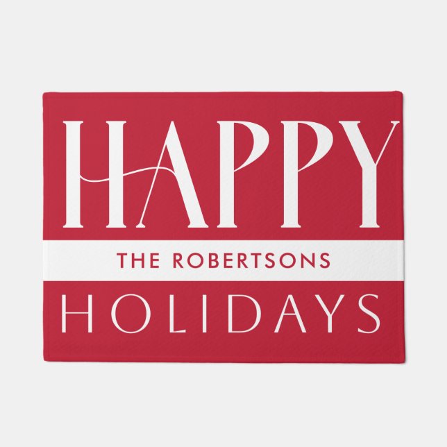 Customisable Modern Happy Holidays Red  Doormat (Front)