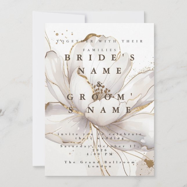 Customisable Modern White Magnolia Gold Wedding Invitation (Front)