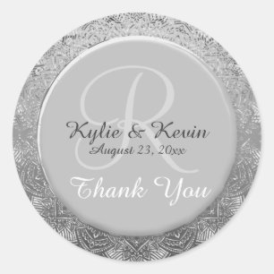 Customisable Monogram Silver Wedding Thank You Classic Round Sticker