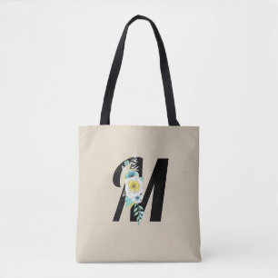 Customisable Monogram White and Aqua Floral Spray Tote Bag