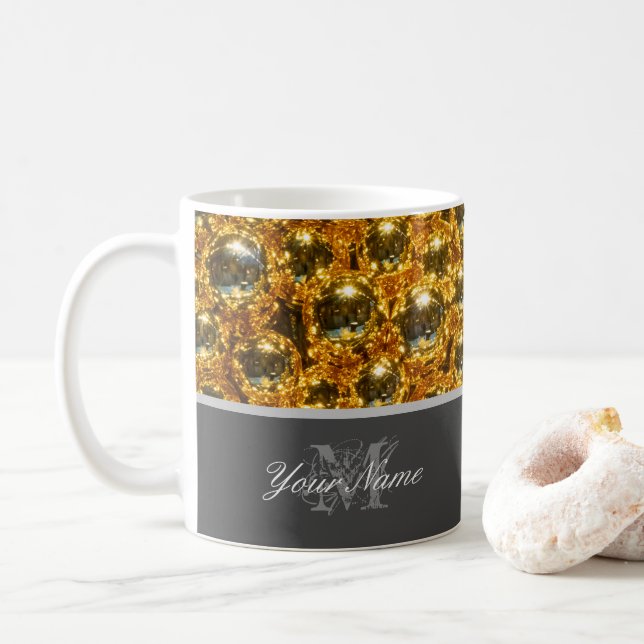 Customisable Monogram with golden christmas balls! Coffee Mug (With Donut)