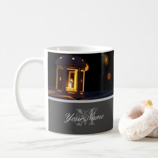 Customisable Monogram with golden christmas lights Coffee Mug (With Donut)