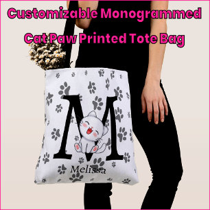 Customisable Monogrammed Cat Paw Printed Tote Bag