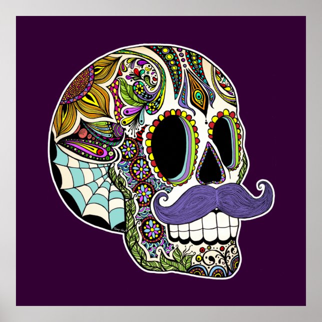 Customisable Moustache Sugar Skull Poster (Front)