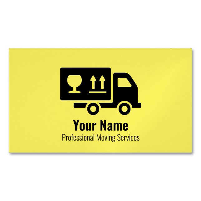 Customisable moving services truck yellow magnetic business card (Front)