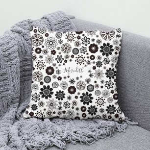 Customisable Name Black and White Floral Pattern Cushion