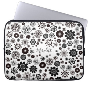 Customisable Name Black and White Floral Pattern Laptop Sleeve