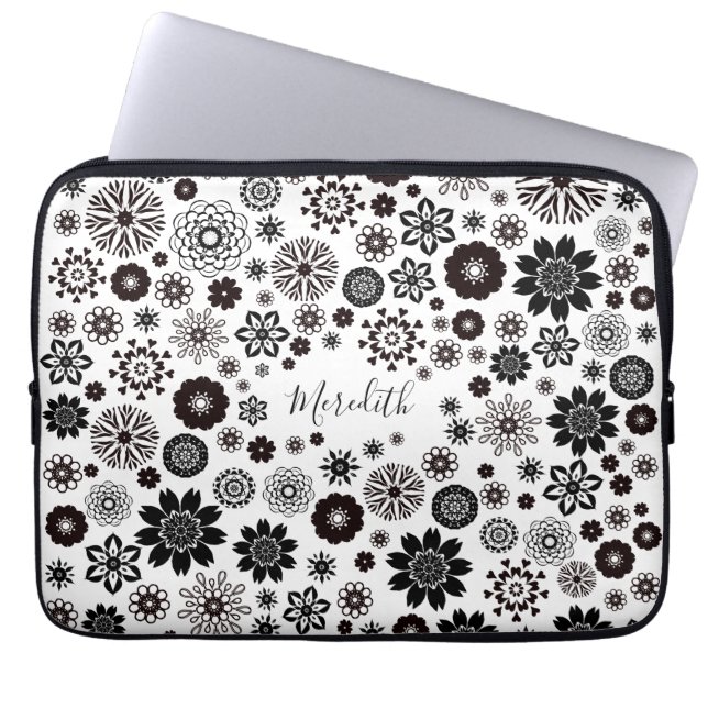 Customisable Name Black and White Floral Pattern Laptop Sleeve (Front)