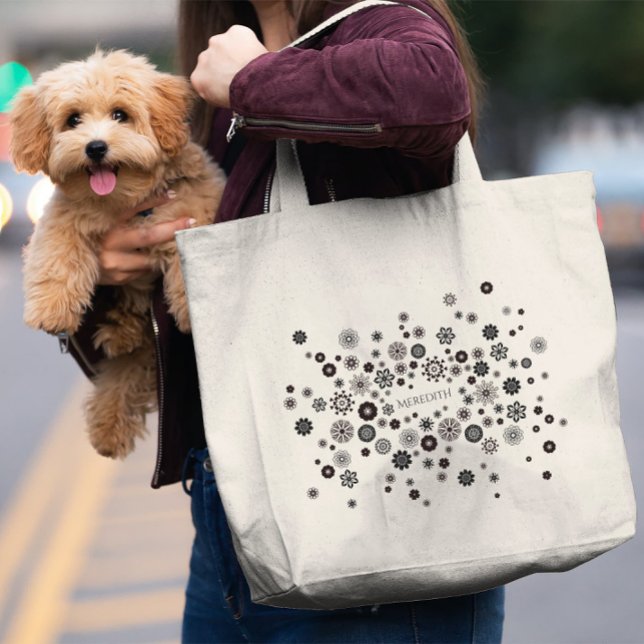 Customisable Name Black and White Floral Pattern Large Tote Bag (Creator Uploaded)