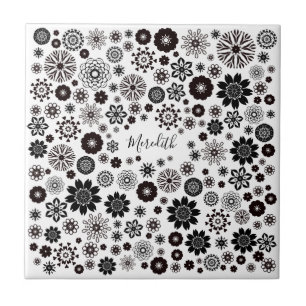 Customisable Name Black and White Floral Pattern Tile