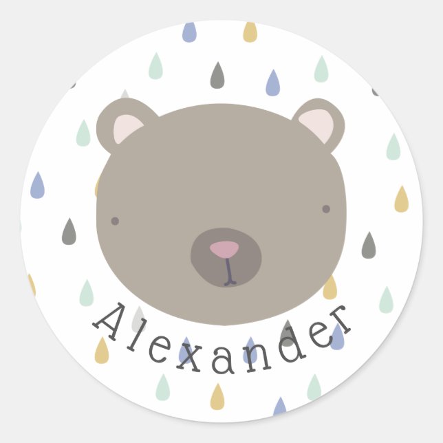 Customisable Name Cute Bear Classic Round Sticker (Front)