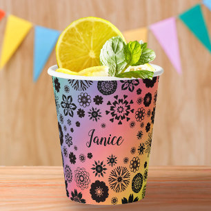 Customisable Name Cute Girly Floral Cool Rainbow Paper Cups